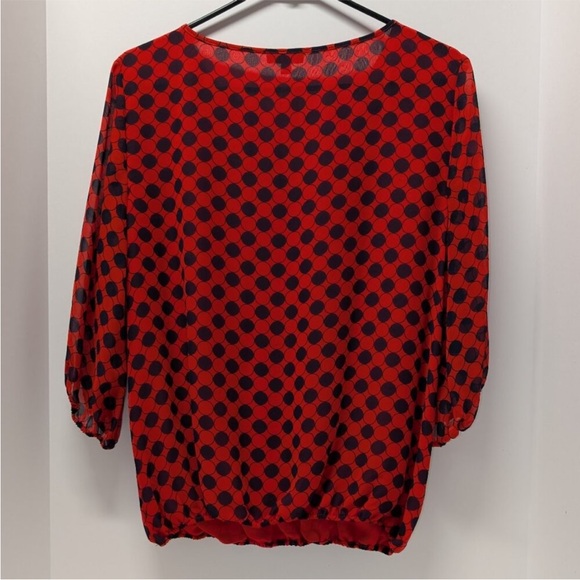 Vince Camuto Polka Dot Prep Faux Wrap V-neck Blouse Red Navy Blue Medium - Picture 3 of 16